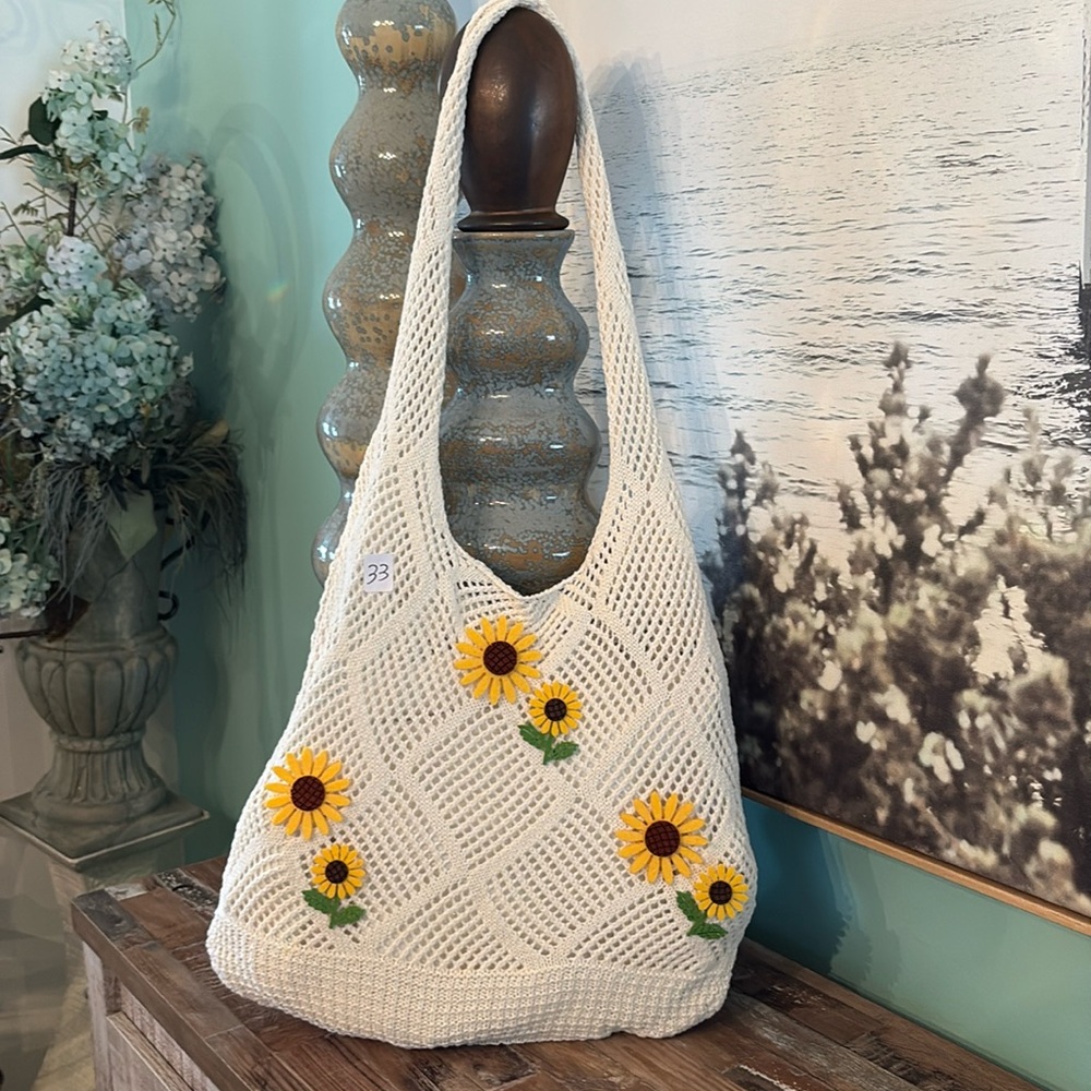 White and Yellow Sunflower Embellished Tote Bag